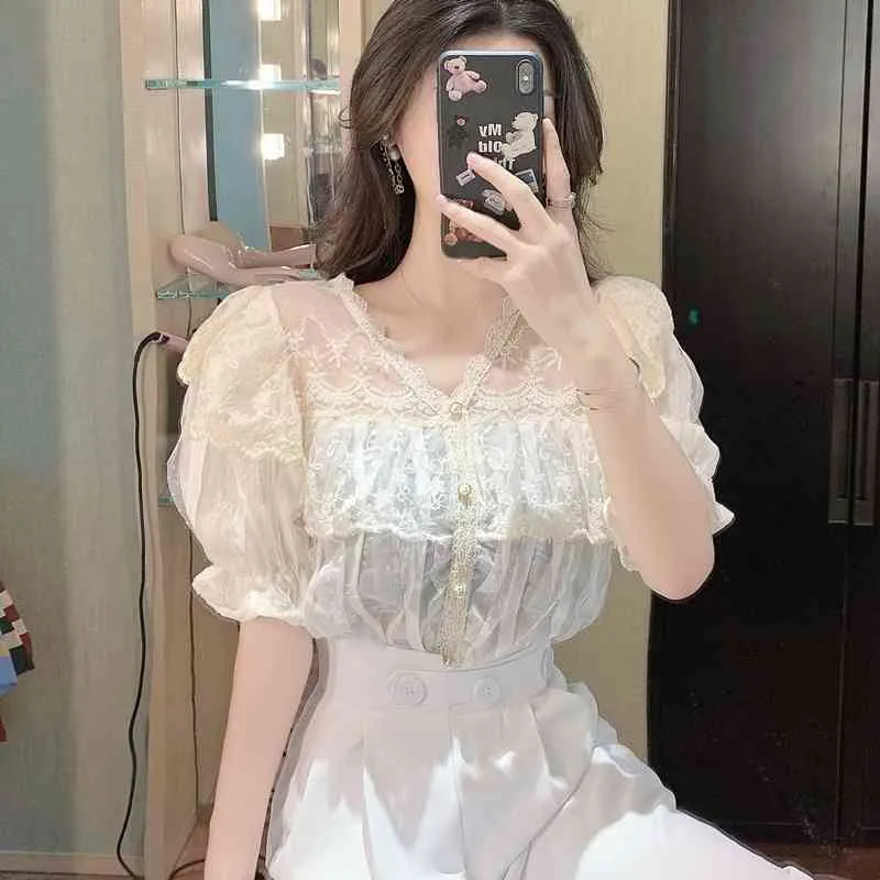 Ezgaga Koreansk Chic Kort Puff Sleeve Blus Kvinnor Lace Patchwork Floral See-Through Loose Ladies Shirts Elegant Fashion Summer 210430