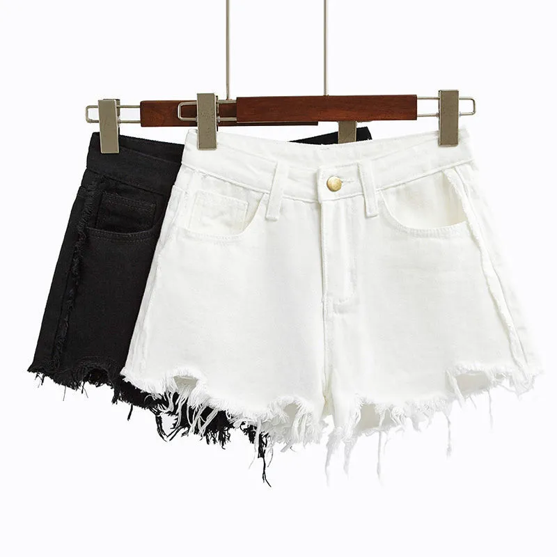 Sommer Frauen Streetwear Loch Breites Bein Schwarz Denim Shorts Casual Weibliche Lose Einfarbig Mode Weiße Jeans 210430