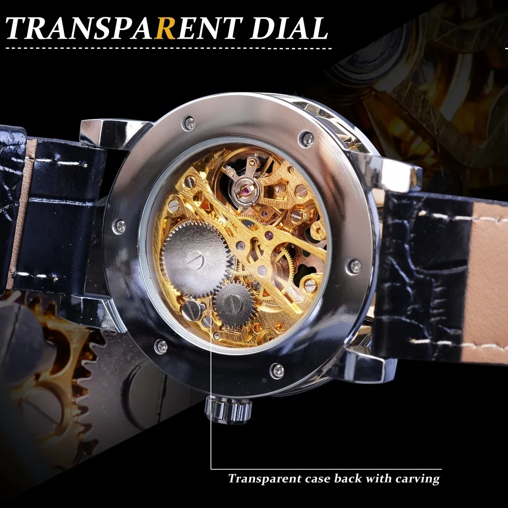 Gagnant noir doré rétro aiguilles lumineuses mode diamant montre affichage hommes mécanique squelette montres horloge