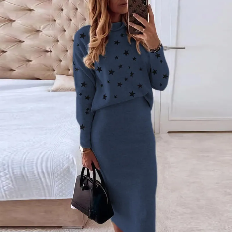 Jesienne spódnice Zestaw biura dama gwiazdy mody drukuj bluza pullover i bodycon spódnica zimowa vintage Suits 220221