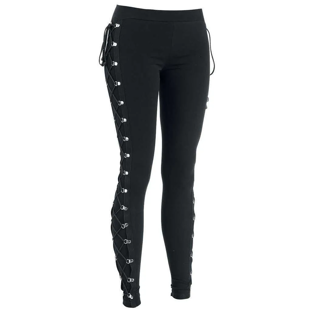 Femmes Mode Gothique Lady Side Lace Up Leggings Noir Skinny Pans Pantalon Warmer Fit Imprimer Sporting Workout Athlétique Leggins FC Q0801