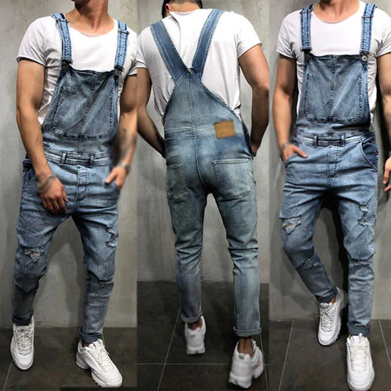 Fashion Men's Ripped Jeans Jumpsuits Hi Street Distressed Denim Bib Overalls For Man Suspender Pants Size S-XXL X0621