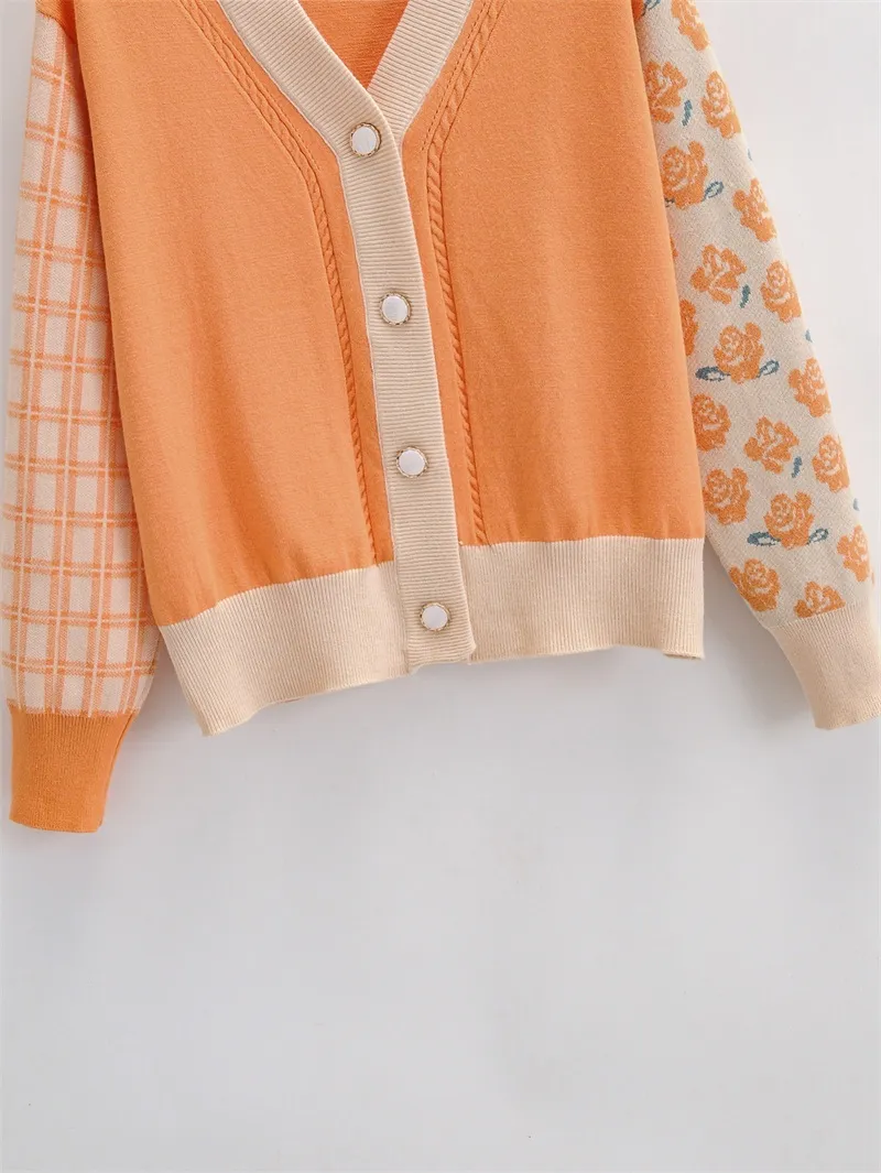 H.SA Autumn Winter Women Fashion Cardigans Retro Vintage Casual Orange Patchwork Knitwear Floral Sweater Jacket 210417