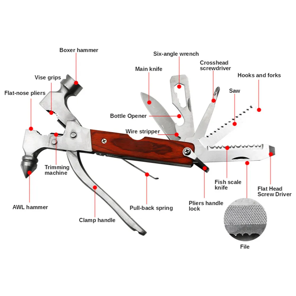 10-i-1 Multitool Hammer Handverktyg inklusive AX Flat Nose Wire Cutter Twiers Kniv Cross Head Skruvmejsel Flasköppnare