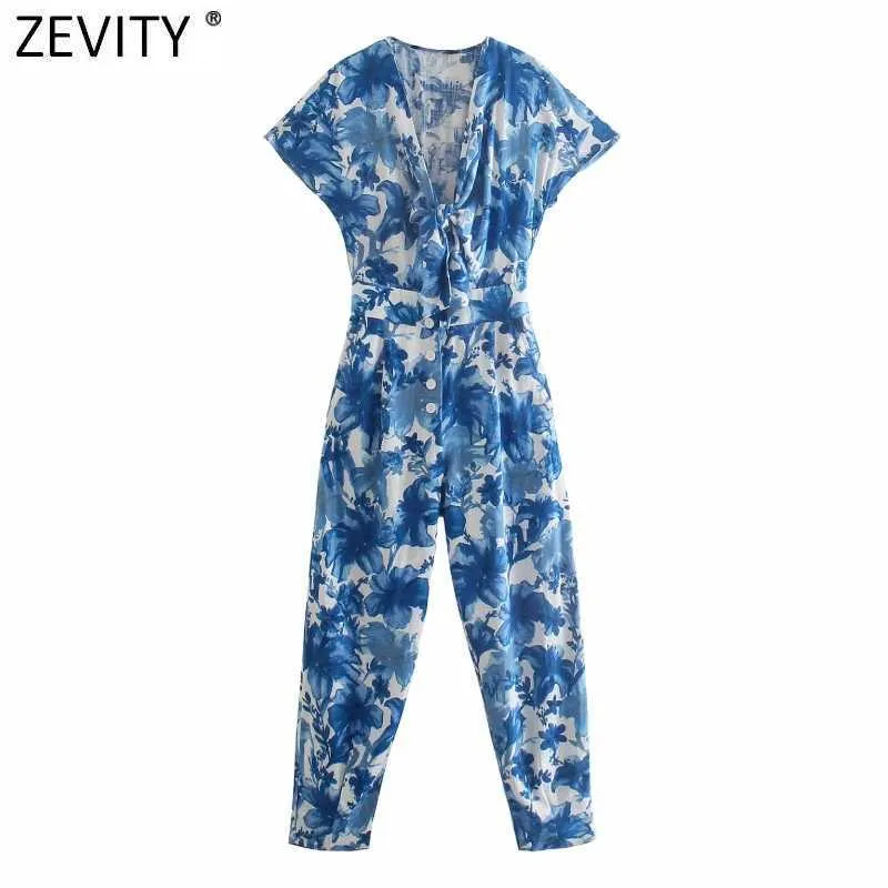 Zeefity Dames Mode Knoopt V-hals Floral Print Kalf Lengte Jumpsuits Chic Lady Korte Mouw Elastische Taille Casual Rompertjes P1130 210603