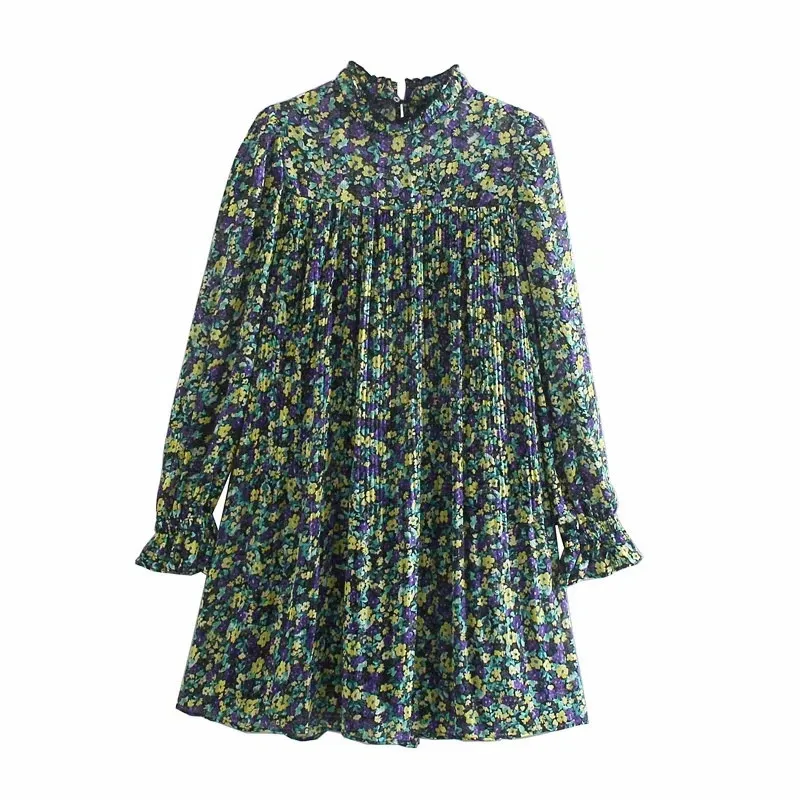 Elbise Yeşil Çiçek Baskı Kısa ES Kadınlar Rahat Cottagecore Yüksek Boyun Dantelli Uzun Kollu Mini Kadın 210519