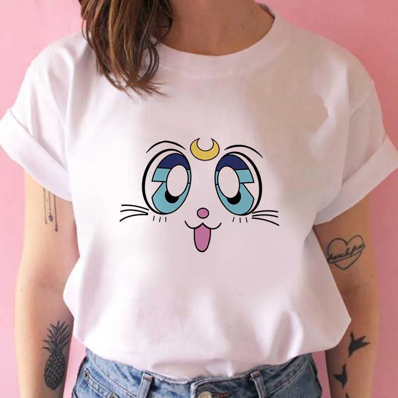 90年代Tシャツファッショングラフィックトップティー女性漫画猫原宿kawaiiアニメTシャツ女性面白い漫画Tシャツかわいい猫x0527