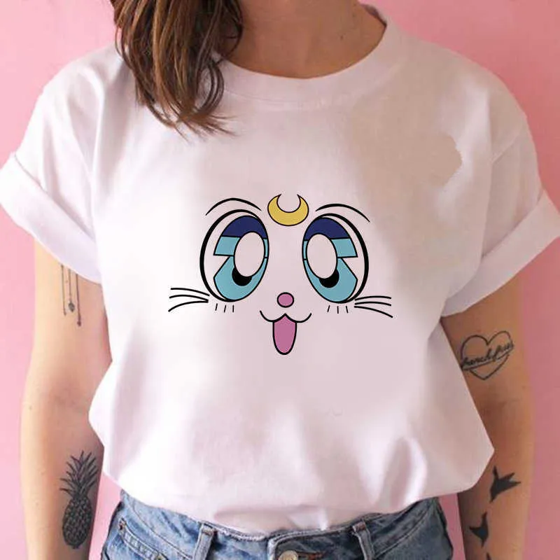 90S футболка мода графическая вершина Tee женский мультфильм кот harajuku awaii аниме футболка женщины смешные мультфильм футболка милый cat x0527