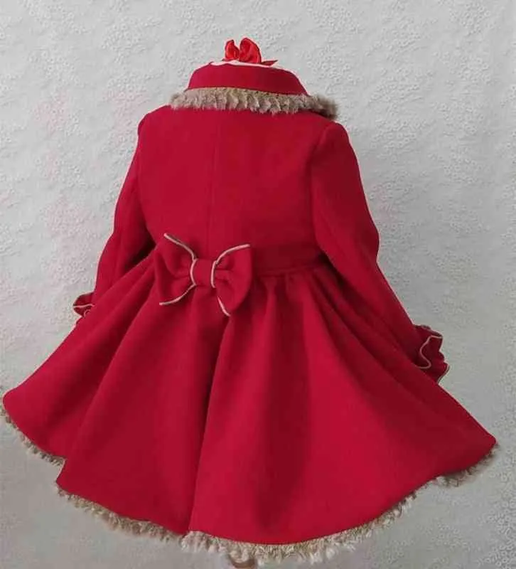 1-12Y Baby Girl Autumn Winter Handmand Customized Palace England Spanish Red Princess Wool Coat for Christmas Casual G1218