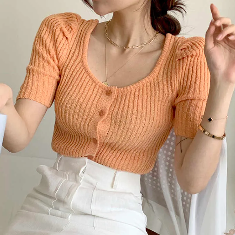 Korejpaa Women Sweater Summer Korean Chic Girl Age-Reducing Candy Color U-Neck Pit Strip Short Puff Sleeve Knitted Cardigan 210526