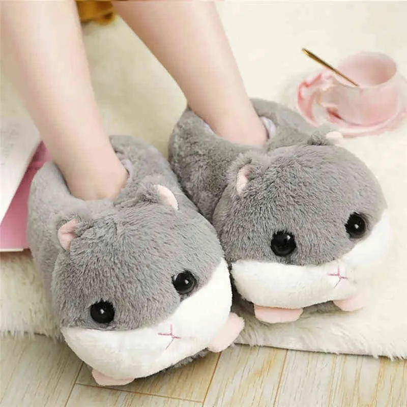 Lovely Brown Cartoon Animation Plush Women House Slippers Winter Non-Slip Kids Warm Shoes Funny Slip-On Designer Flat Shoes H1122