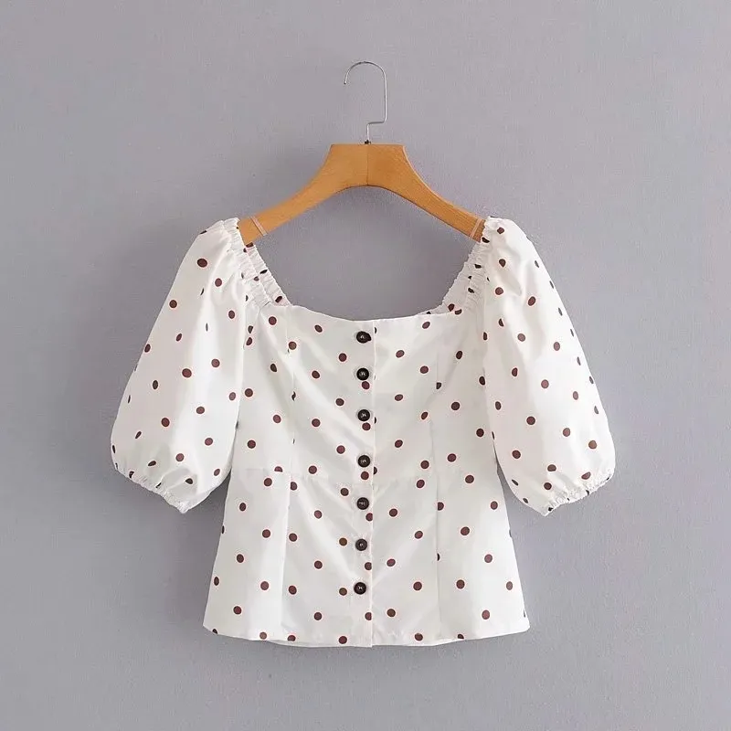Foridol vintage polka dot blouse tops lantern sleeve button up crop tops white chic casual boho summer autumn tops 210415