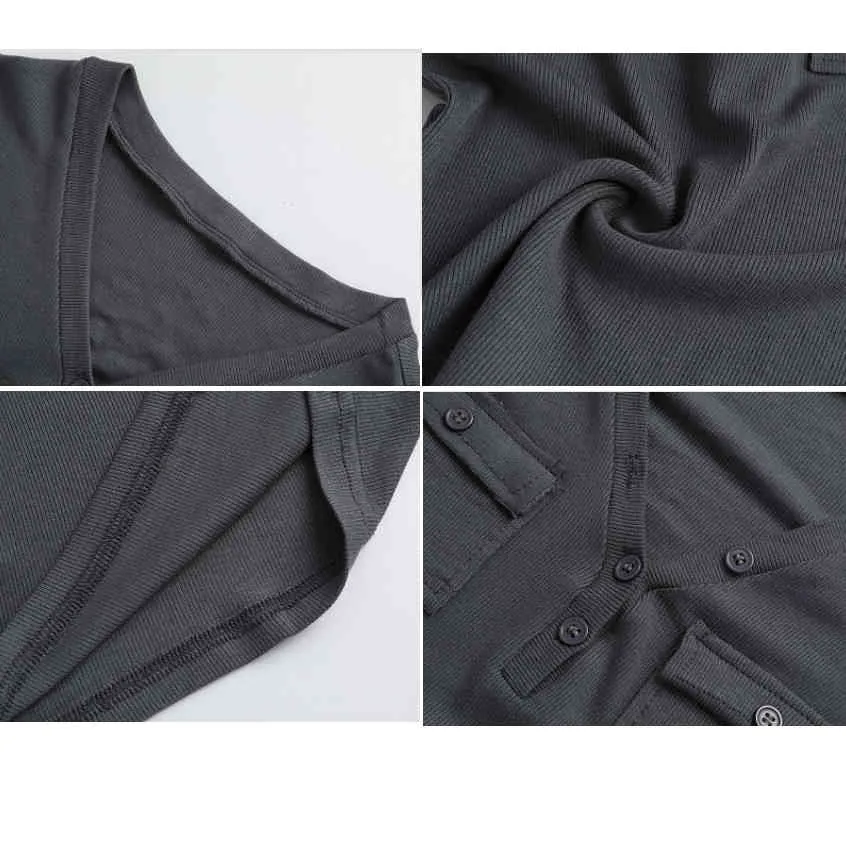 Sexig V Neck Button Toppar Slim Elasticity T Shirt Kvinnor T-shirt Långärmad Tshirt Pocket Korean Fashion Spring Top Kläder 210507