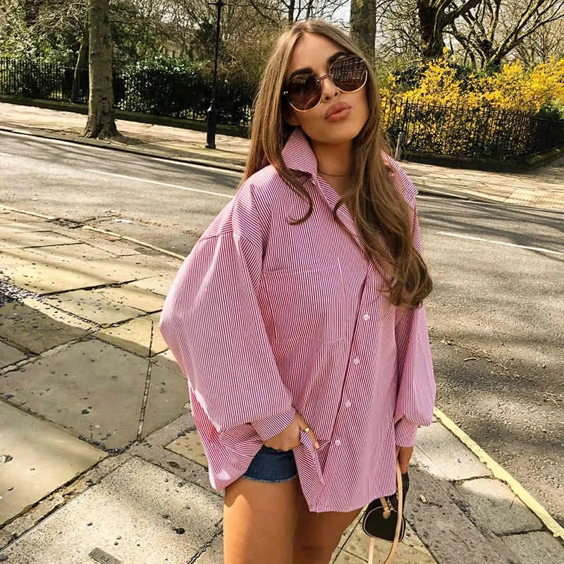 Mulheres Pink Stripe / Branco Sólido Camisas Oversized Boy Amigo Roupas Vintage Elegante Elegante Classic Blusas Casuais Verão Streetwear 210517