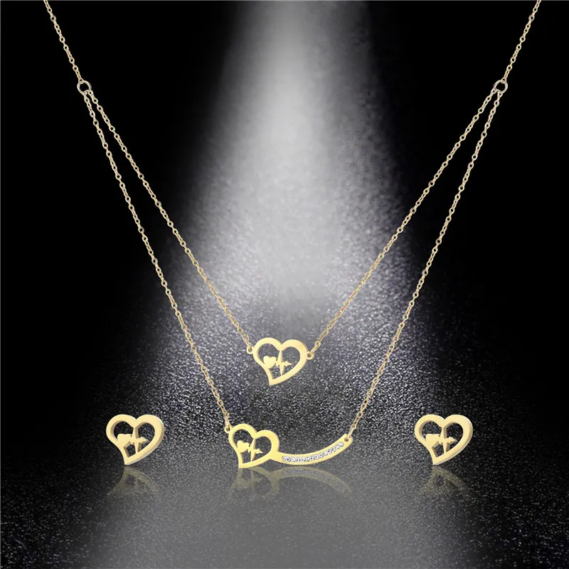 Women's Heart Necklace Earrings Set Dubai Gold Color Stainless Steel African Indian Bridal Wedding Jewelry Sets for Women Girls