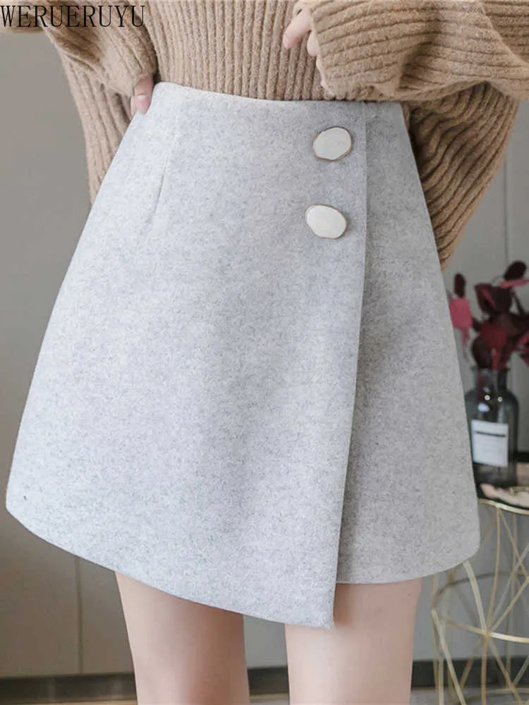 Werueruyu saia shorts mulheres inverno lãs plissada saia coreana forma irregular uma linha alta cintura pacote quadril saias 210608