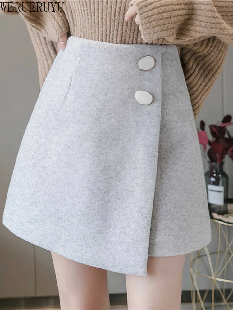 WERUERUYU Skirt Shorts Women Winter Wool Pleated Skirt Korean Fashion Irregular A Line High Waisted Package Hip Skirts 210608