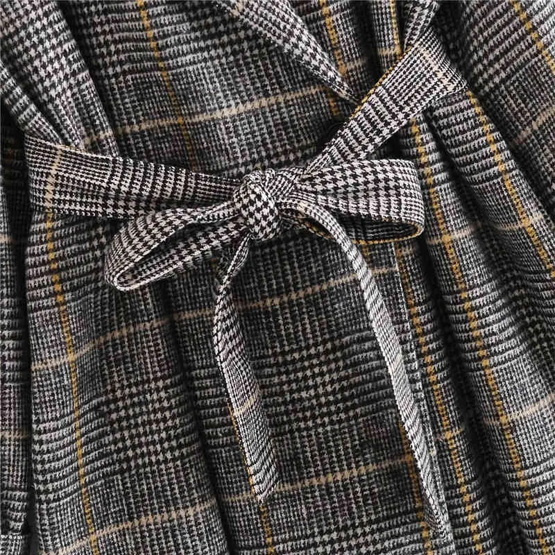 Cappotto lungo invernale scozzese grigio Cintura da donna Manica doppiopetto Cappotti da donna vintage Elegante soprabito Donna 210519