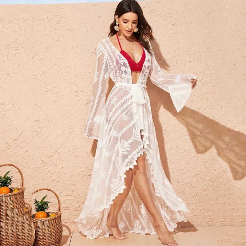 Femmes Robes D'été Sexy Cover Up Robe De Natation Pour La Plage Maillot De Bain Coverup Kaftan Long Maillots De Bain Plus La Taille Sarong Blanc Dentelle X0726