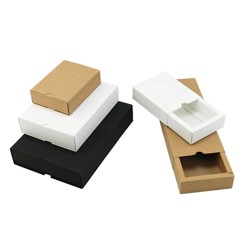 Boîte d'emballage cadeau en carton Kraft noir, 1 pièce, boîte d'emballage noire, tiroir en papier blanc, faveur de mariage délicate