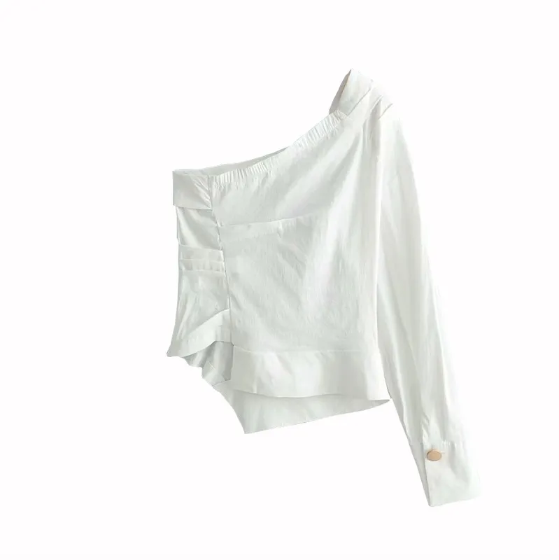 Traf Women Bluzki Vintage Seksowne jedno ramię Moda Nieregularna kołnierz plisowane stylowe białe koszule Blusas Mujer 220812