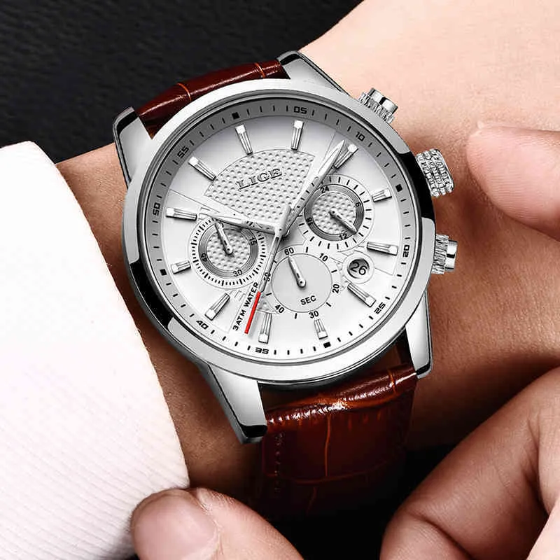 رجال الساعات Lige Top Brand Leather Chronograph Sport Sport Automatic Date Quartz Watch for Men Relogio Maschulino 2104072310