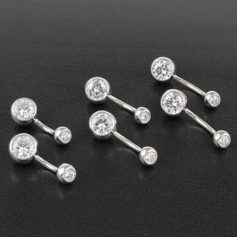 Real 925 sterling silver belly button ring clear double zircon stones body ball navel bar piercing jewelry