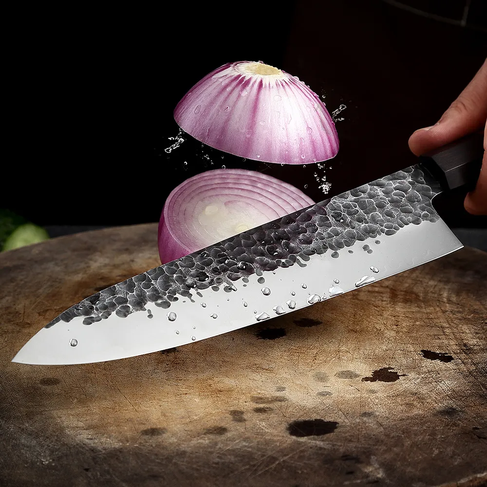 Chef en acier craqué à trois couches lnife octogone manche de marteau forgé d'origine Nakiri Lnife Kitchen Cuisine Couteaux Couteaux 233b