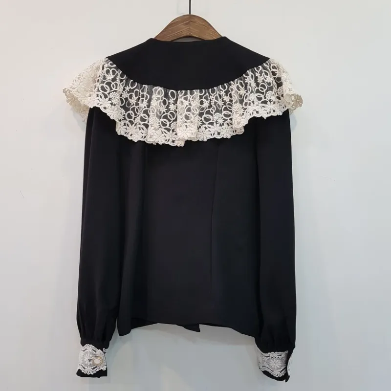 Tops Mujer Blusa de encaje elegante gasa Blusas Retro coreano negro cuello pico primavera camisas Chic Ropa Mujer 19637 210415