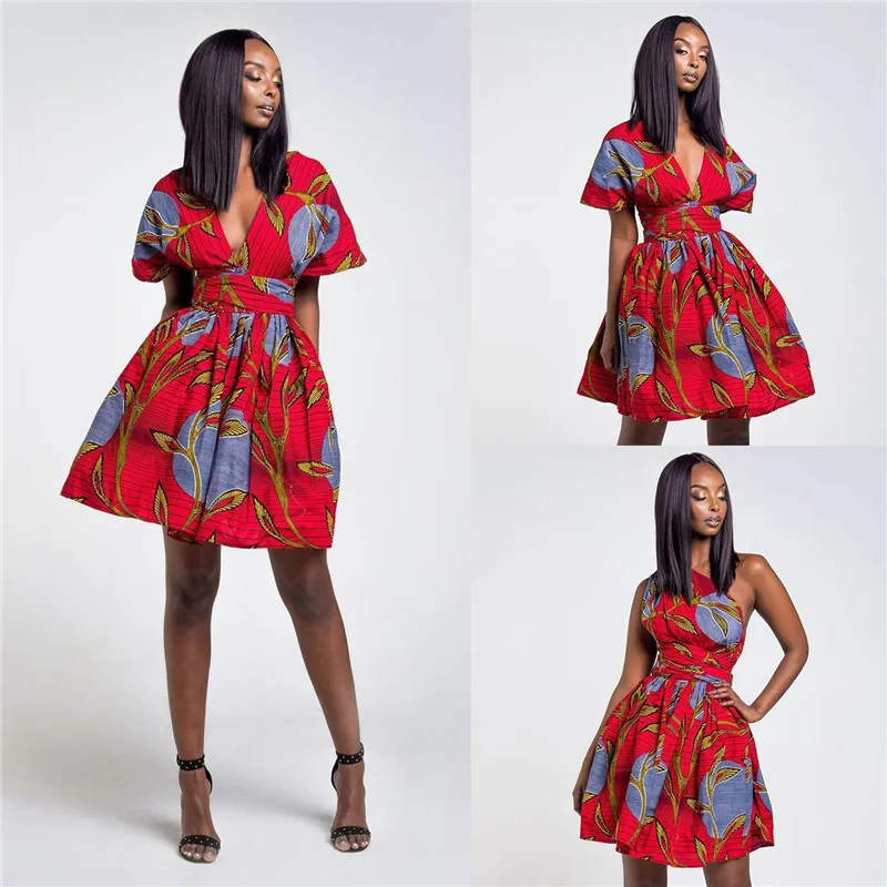 Isarose Kurzes Dashiki Kleid V-Ausschnitt Sexy DIY Verband Afrikaner Backless Falten Party Kleider Ankara Fashion Batik Kleid für Frauen 210422