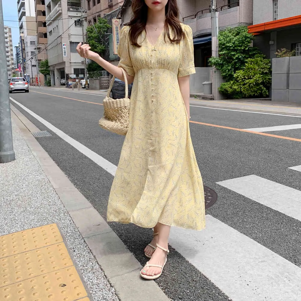 プラスサイズの夏の女の子のボーパーティーシフォン女性ヴィンテージドレス黄色いプリント半袖女性のドレスローブvestido 210417