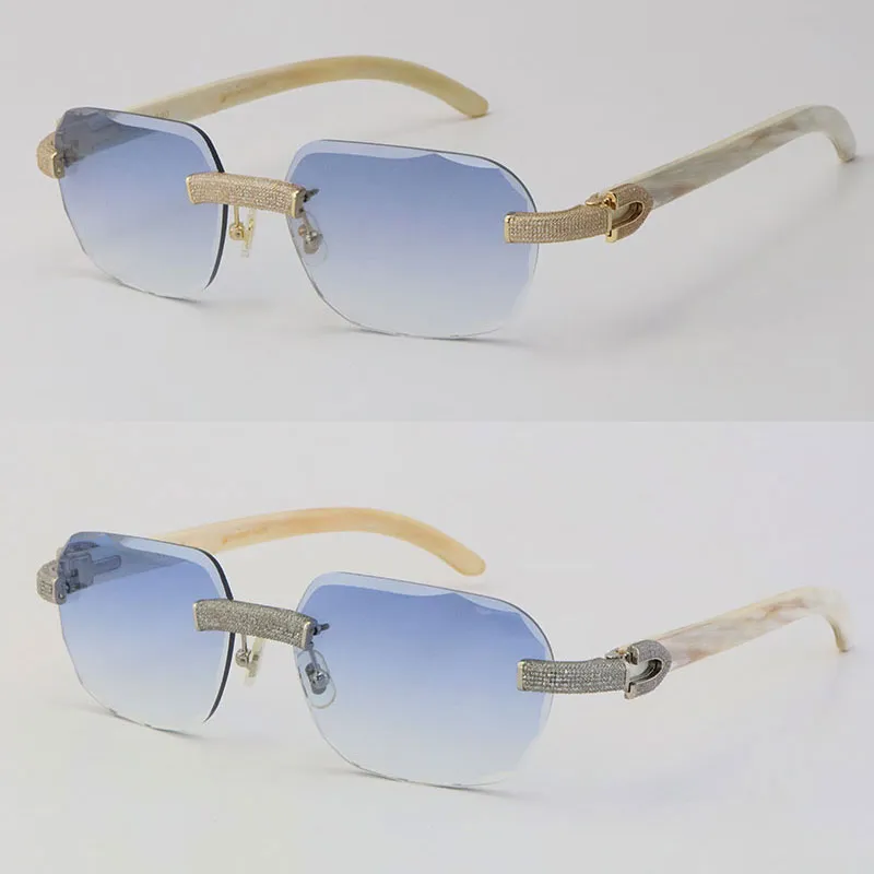 2022 Nya vita äkta naturliga buffelhorn solglasögon Rimless Micro-Paved Diamond Sun Glasses Män kvinnor med C-dekoration Roc245C