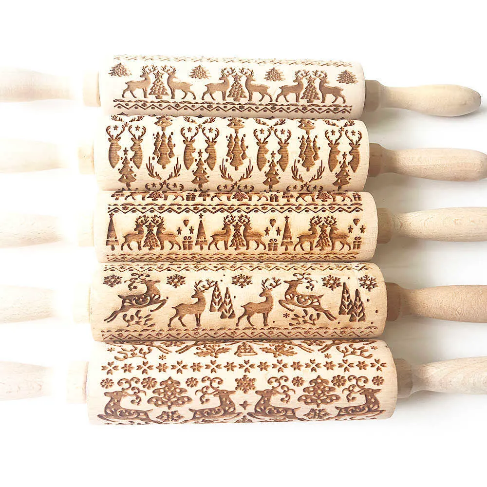 Kerst Rendier Rolling Pins Halloween Rolling Pins Baking Cookies Noodle Biscuit Fondant Cake Dough Gegraveerde Roller ZM001 211008