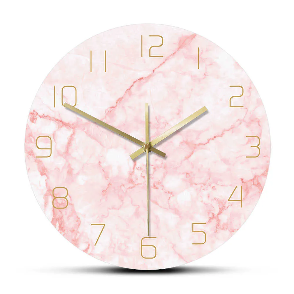 Naturalny Różowy Marmur Okrągły Zegar Ścienny Silent Non Ticking Salon Decor Art Nordic Clock Wall Zegar Minimalistyczny Sztuka Silent Wall Watch 210930