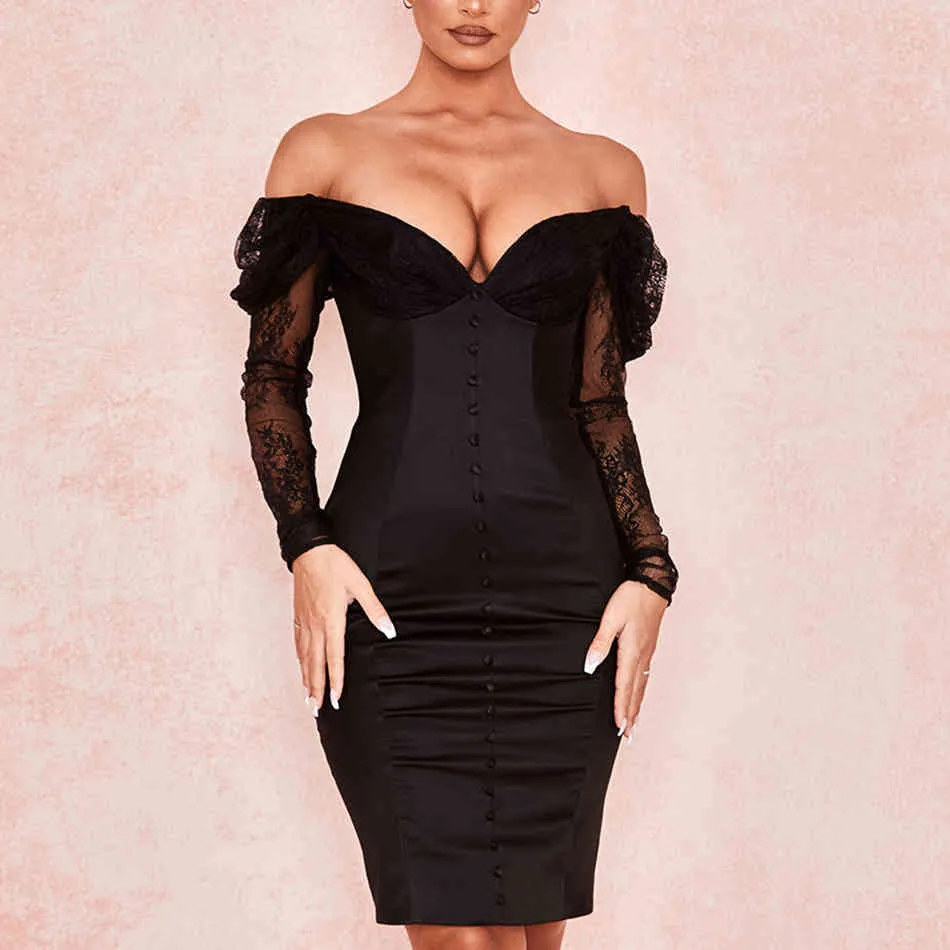 Sommar off-shoulder klänning kvinnor sexig svart långärmad spets elegant bodycon club celebrity landban fest vestidos 210423