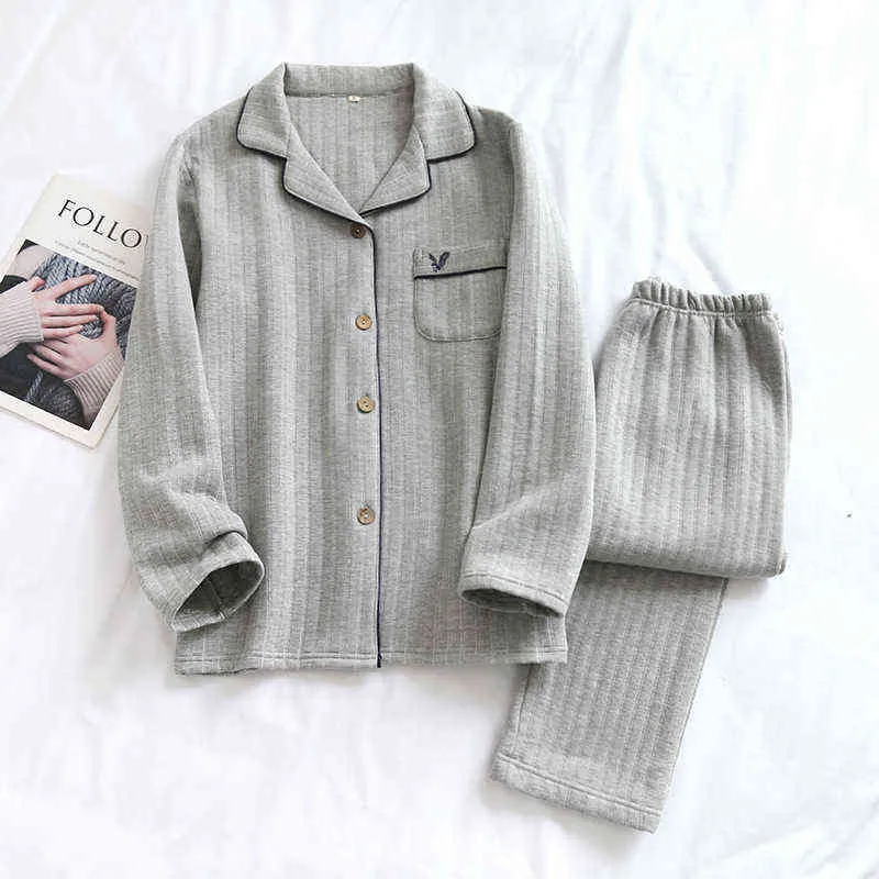 Men's pajamas set autumn and winter long-sleeved knitted cotton home clothes warm thick striped plaid simple plus size pajamas 211111