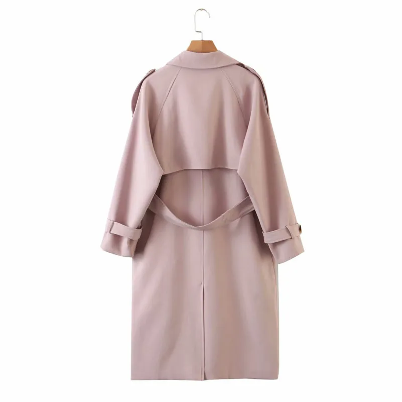 Süße Dame Stilvolle Herbst Rosa Streetwear Lange Jacke mit Gürtel Damenmode Zweireiher Raglanärmel Mantel 210421