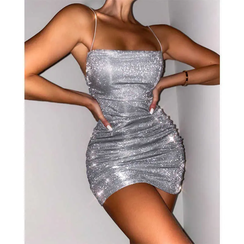 Sexy Nigh Club Glitter Shining Short Dress Women Summer Fashion Backless Sleeveless Bodycon Dresses Woman Outfits Female Vestido 210625