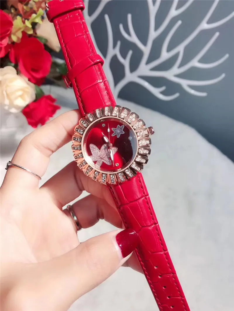 Moda Marka Zegarki Kobiety Lady Girl Kryształ Kwiat Styl Skórzany Pasek Kwarcowy Wrist Watch Cha28