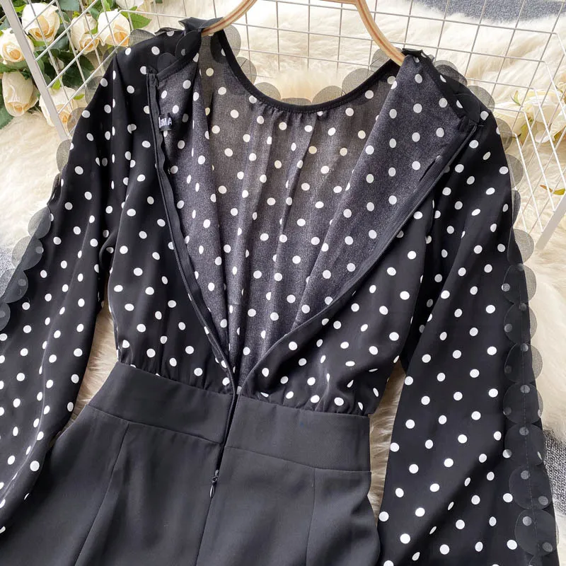 Europa estilo verano elegante mujeres encaje collar doble pecho lunares patchwork vestido negro vestidos de fiesta femeninos 210428