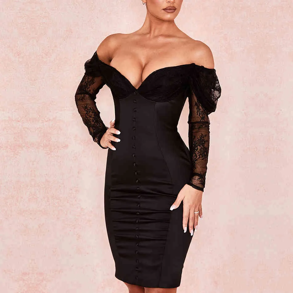Sommar off-shoulder klänning kvinnor sexig svart långärmad spets elegant bodycon club celebrity landban fest vestidos 210423