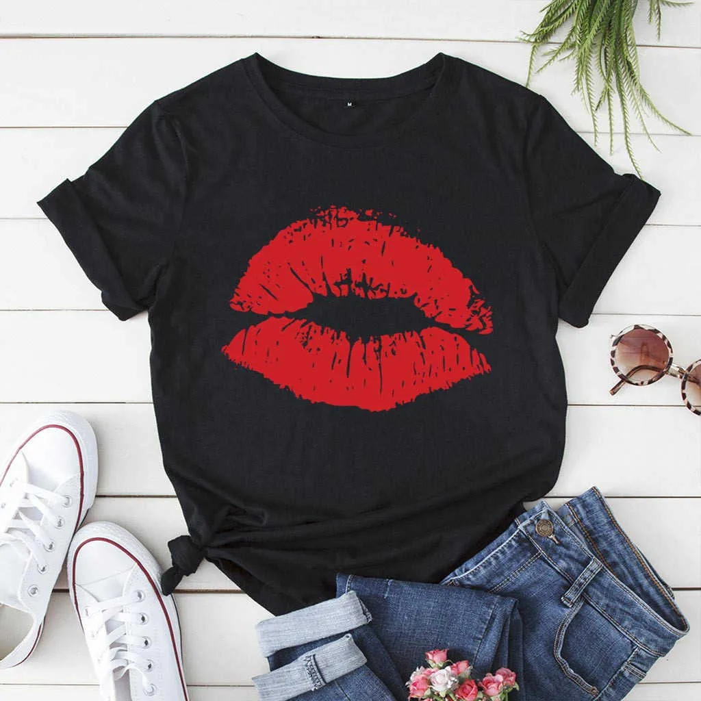 T-shirt d'été femmes manches courtes lèvres imprimées t-shirt haut décontracté dames femmes t-shirts punk grande taille femme vêtements x0527