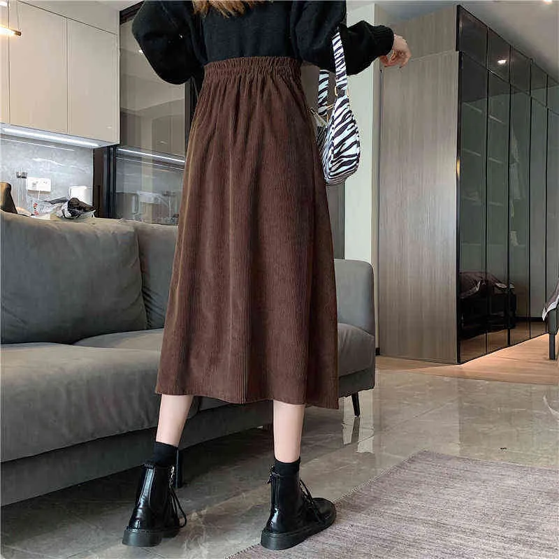 Houzhou Vintage Corduroy Jupes longues Femmes Automne Hiver Mode coréenne Marron Noir Élégant Taille haute A-Line Jupe midi 211120