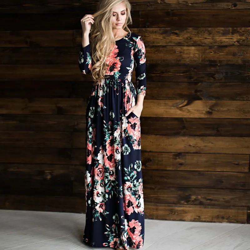 Высокая талия длиной до пола черно-белые женщины весна с длинным рукавом цветок печать шифоновое платье 2966 50 210417