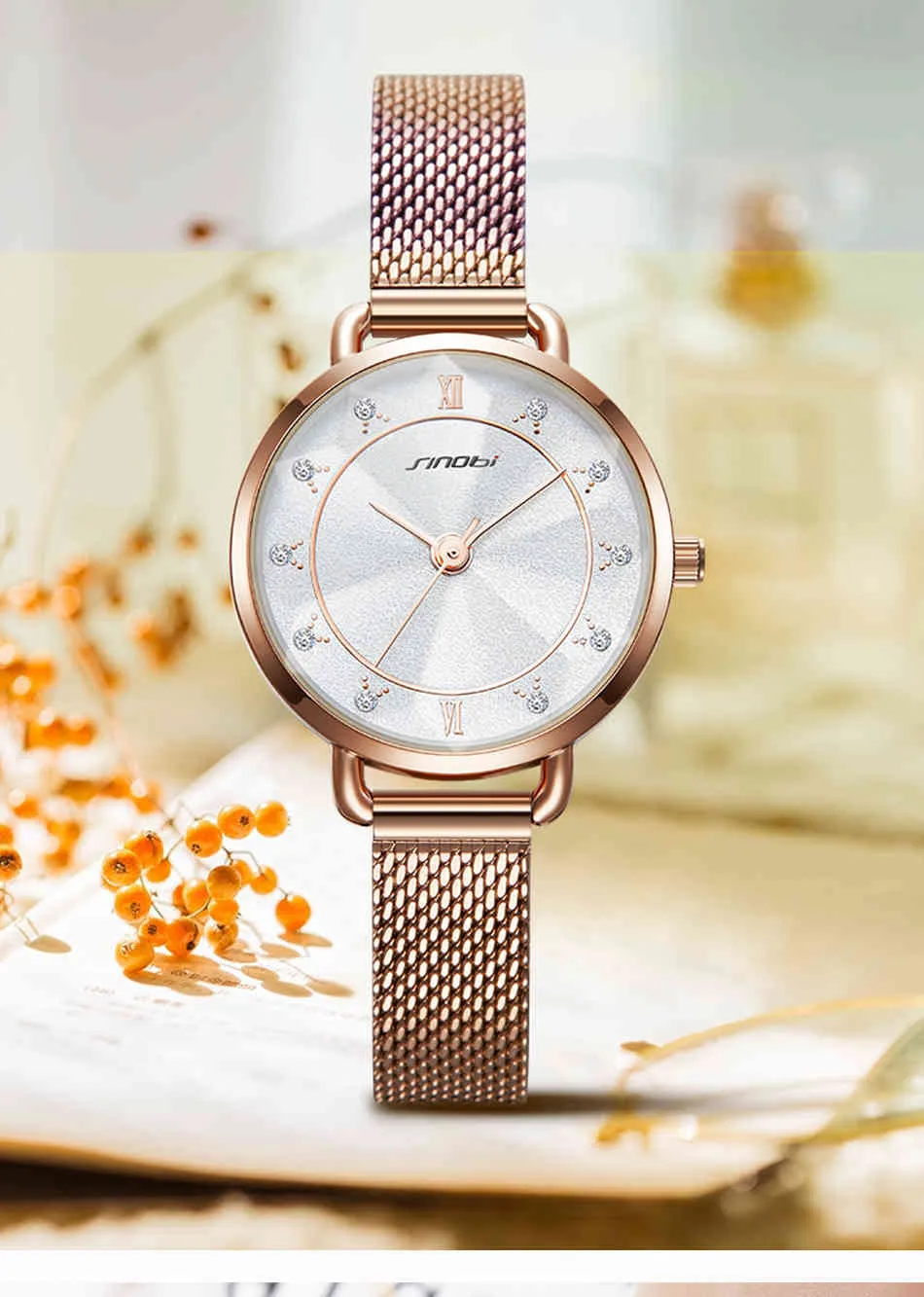 SINOBI Orologio in oro rosa Orologio da donna da donna in acciaio inossidabile con cinturino da donna Orologi Relogio Feminino Montre Femme regalo