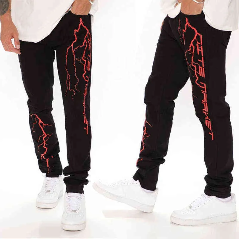 Men Black Jeans Fashion High Waist Stretch Washed Denim Pencil Pants Skull Pattern Letter Printed Street Trousers 211111