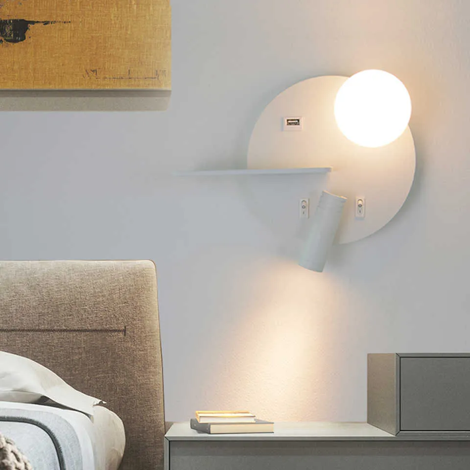 LED-wandlamp met schakelaar slaapkamer binnenverlichting nachtkastje wandlamp met USB LED-lezing Crystal Ball Wall Sconce Luminaria 210724