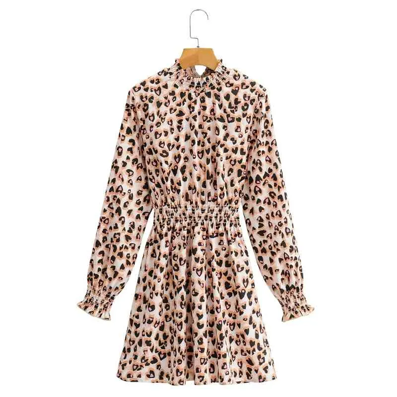Printemps femmes imprimé léopard taille élastique Mini robe femme à manches longues vêtements décontracté dame lâche Vestido D7053 210430