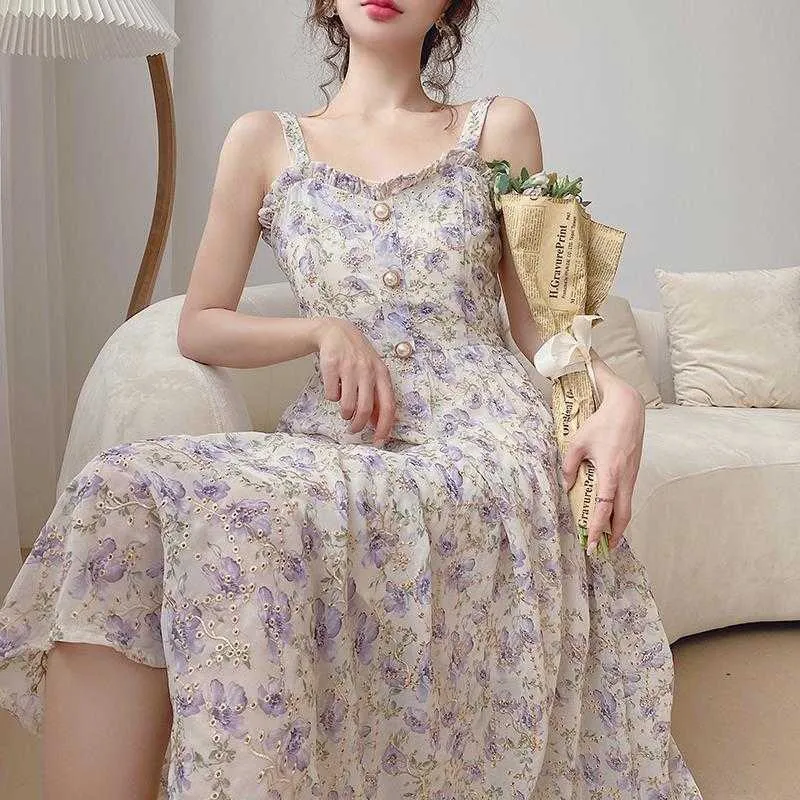 Abito estivo da donna Vintage Franch Stampa floreale Fibbia di perle Chiffon Strapl Party Dress Holiday Lady Abito romantico coreano 210712