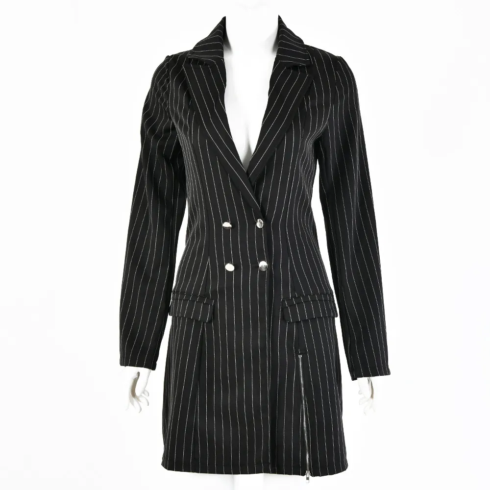 Foridol Vintage Stripe Blazer Dress Kvinnor Zipper Slit Double Breasted Vit Elegant Blazer Klänning Business Elegant Kort Klänning 210415